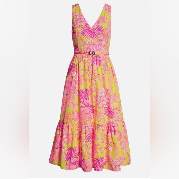 Lilly Pulitzer Bri V-Neck Cotton Midi-Dress - Calla Yellow Floral Coral - Size 4 - Picture 5 of 11